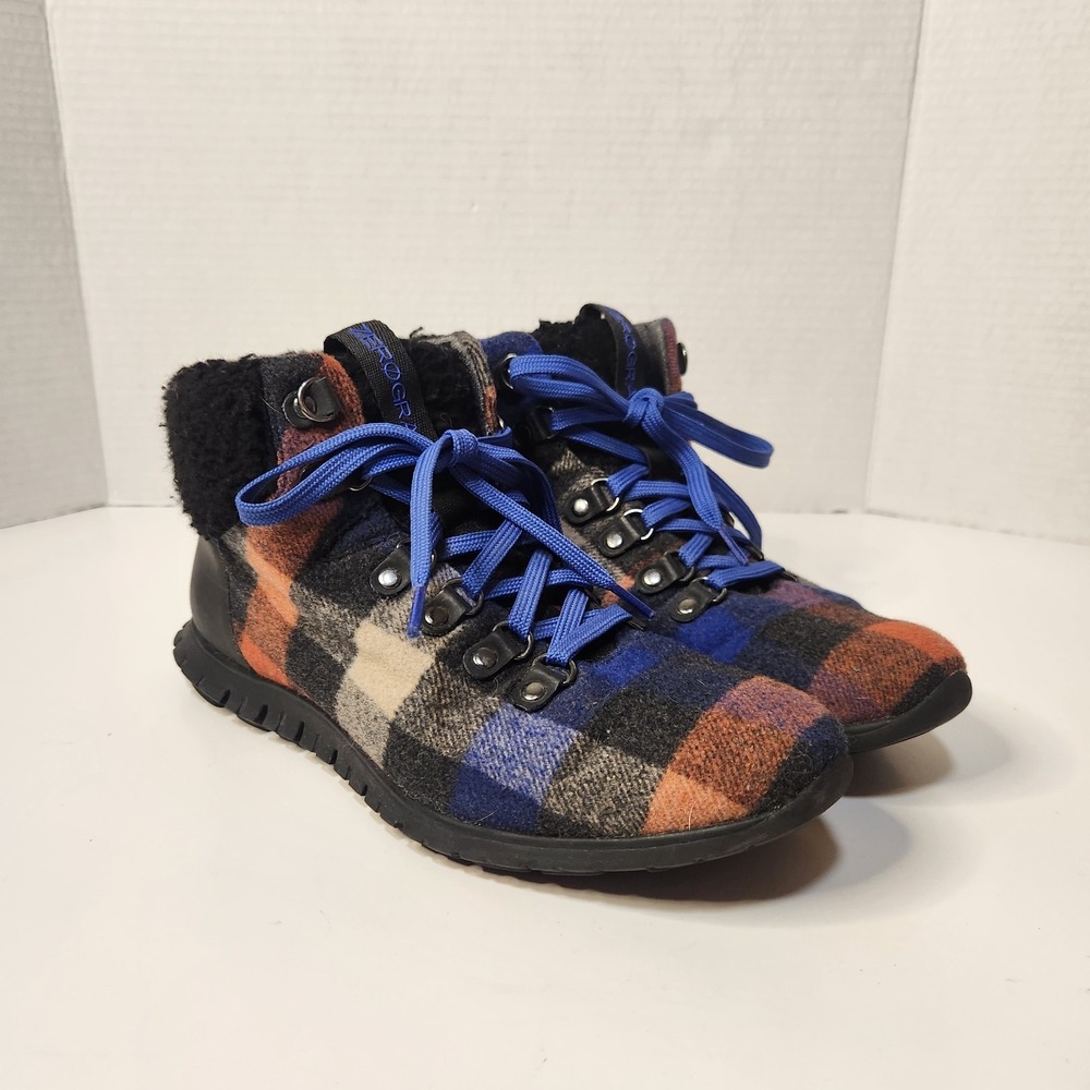 Cole Haan Womens ZEROGRAND Hiker Boot Blue Plaid Womens Size 8B